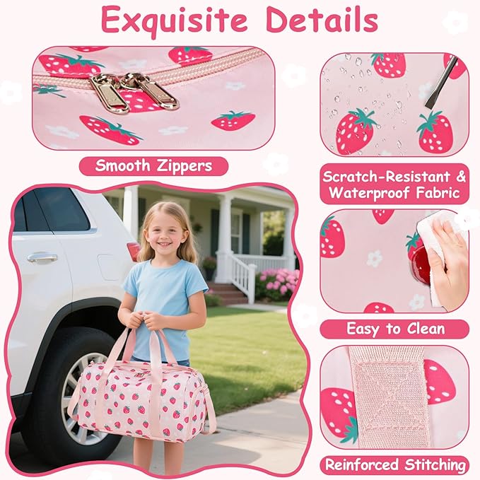 CAMTOP Kids Duffel Overnight Bag Boys Girls Toddler Weekender Carry-On Personalized Tote for Travel Gym Sport (Pink Strawberry)