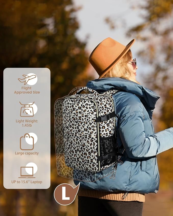 Pritent Travel Backpack for Women Man, Waterproof Personal Item Travel Bag Airline Approved Laptop Backpack Bookbag Weekender bags for Business,Travel, Work Fits 15.6 inch Laptop(Medium,Leopard)