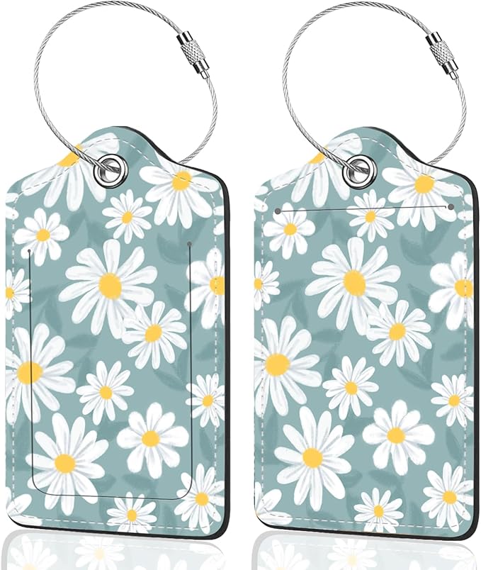 2Pack Luggage Tags for Suitcases, Cute Unique Pu Leather Cruise Luggage Tag with Privacy Cover ID Label Address Card and Metal Ring Suitable for Women Men Kids Travel Bag White Flowers 2