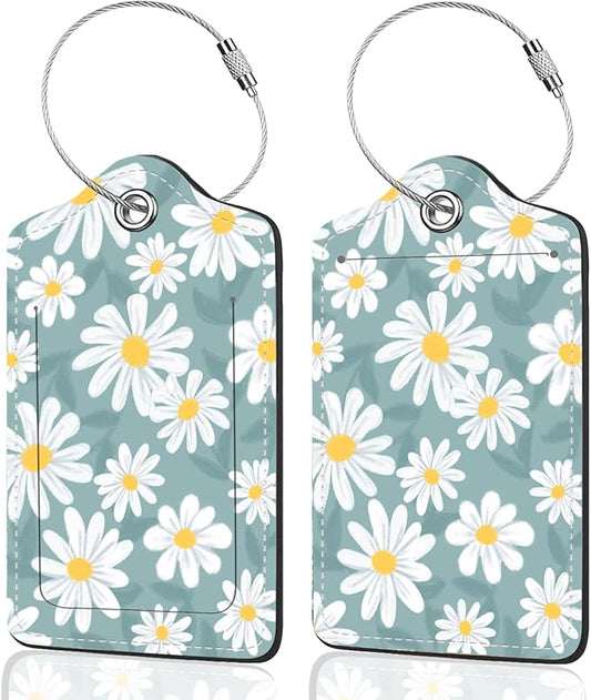 2Pack Luggage Tags for Suitcases, Cute Unique Pu Leather Cruise Luggage Tag with Privacy Cover ID Label Address Card and Metal Ring Suitable for Women Men Kids Travel Bag White Flowers 2