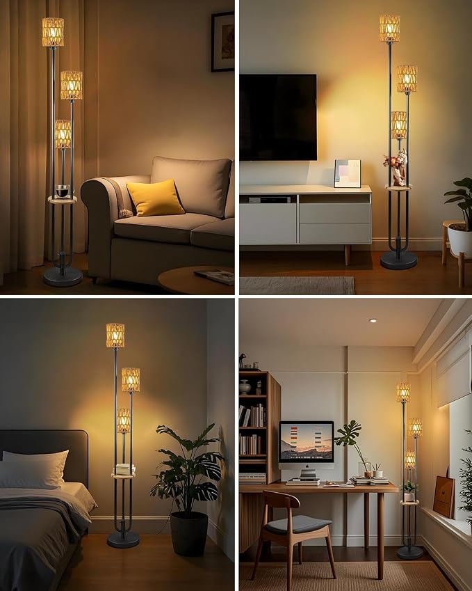 Lightdot Dimmable Boho Floor Lamps for Living Room 3-Lights 3000K Rattan Floor Lamp with Shelves Farmhouse Floor Lamp Rustic Black Standing Lamp with 5Lbs Heavy Base for Sofa Beside/Corner Decor