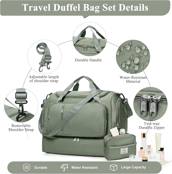 Travel Duffle Bag, Weekender Bags for Women,Overnight Weekend Carry On Personal Item Travel Bag with Shoes Compartment & Toiletry Bag,Olive Green