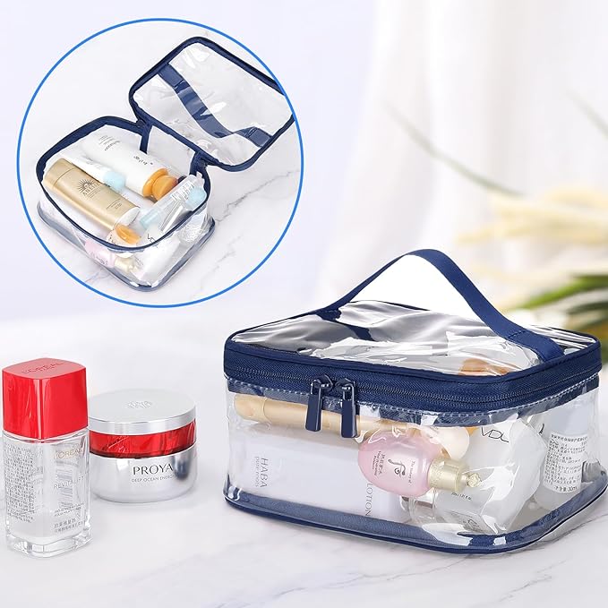 HAOGUAGUA 2 Pieces Clear Makeup Bags Cosmetic Toiletry Bags for Traveling, Waterproof Travel Transparent TSA APPROVED Carry On Airport Airline Compliant Bag (2 PIECES BLUE)