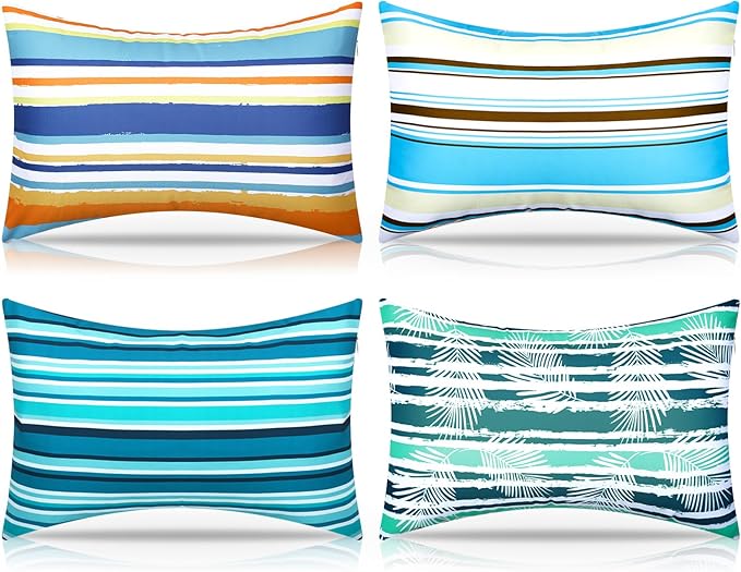 4 Pack Inflatable Beach Pillows with Removable Washable Covers Hawaii Tropical Style Portable Air Pillows for Vacation Sand Tanning Pool and Travel(Horizontal Stripes)
