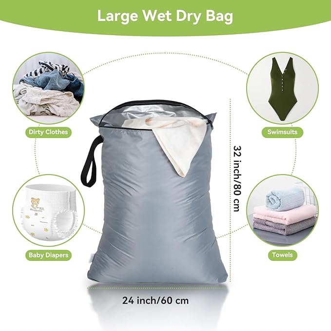 OTraki 2Pcs Exlarge Wet Bag 24x32 inch Reusable Waterproof Wet Dry Bag with Zipper Handle Wet Clothes Washable Laundry Bag for Travel Swimsuit Beach Drying do not exceed 176℉ Black & Grey