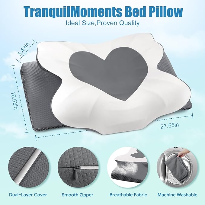 Cervical Neck Pillow for Sleeping, Memory Foam Pillow for Neck Support, Set of 2, Ergonomic Pillow for Pain Relief, Contour Bed Pillow for Side Back Stomach Sleepers, Grey, King Size