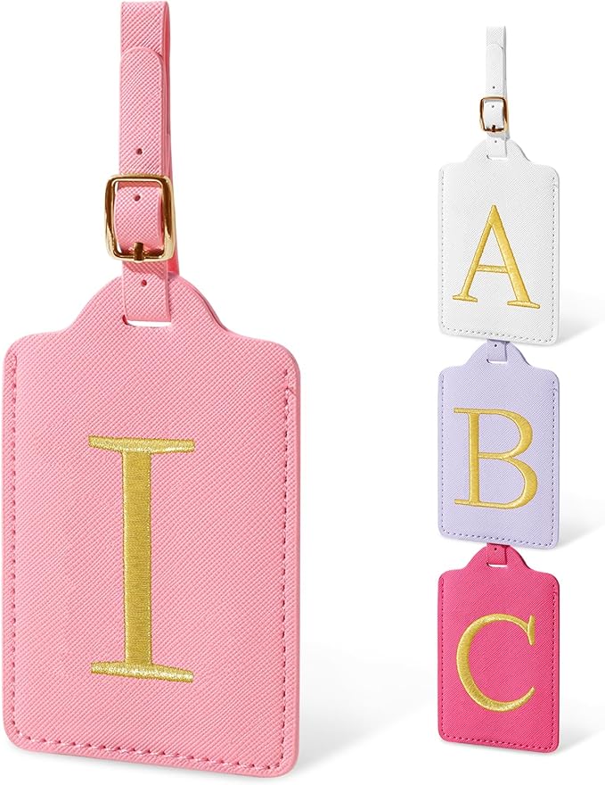 Initial Letter Luggage Tags for Suitcases, Embroidered Monogrammed Suitcase Luggage Identifier Name Tag, PU Leather TSA Approved Luggage Tags, Bag Tags for Men Women Kids Luggage Handbags(Pink I)