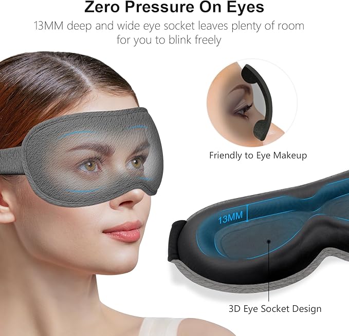 Gritin 100% Blackout Sleep Eye Mask for Women Men,Zero Eye Pressure Sleeping Mask-Ergonomic Design 3D Cutout Eye Movement and Eyelash Friendly Night Blindfold,Ultra Soft&Comfortable for Sleeping-Grey