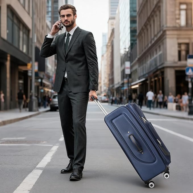 28" Large Softside Expandable 15% Checked Luggage with Double Spinner Wheels LOCK,Lightweight Travel Suitcase for Men/Women（Navy-Grey,28in）
