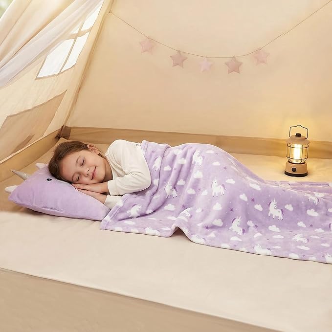 3-in-1 Kids Travel Pillow and Blanket Set, Snuggle Pillow with Hand Warmer, 40x60 inches Unicorn Blanket for Girls Compact, Perfect for Travel, Camping, Home and Office