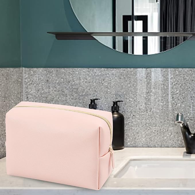 GFU Makeup Bag Large Travel Zipper Cosmetic Pouch, Water Resistant PU Leather Toiletry Organizer for Women and Girls, Light Champagne Pink