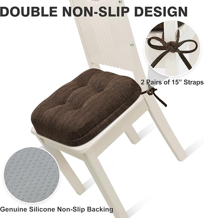 Shinnwa Dining Chair Cushions Set of 2, Dual-Layer Memory Foam Kitchen Chair Cushions, Patented Design Seat Pads with Ties, 16.5 x 16.5 x 3.5in, 2 Pack, Dark Brown