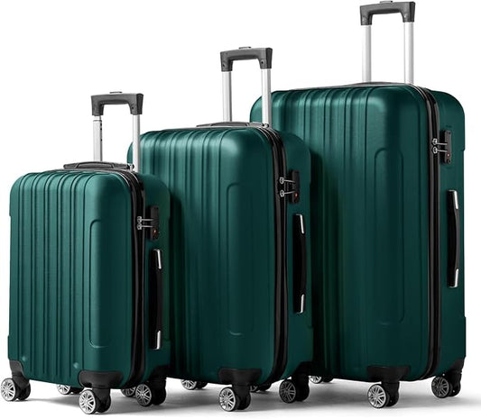 Karl home Luggage Sets 3 Piece, Hardside Carry on Suitcase Sets with Spinner Wheels & TSA lock, Portable Lightweight ABS Luggages for Travel, Business - Dark Green, 20/24/28in