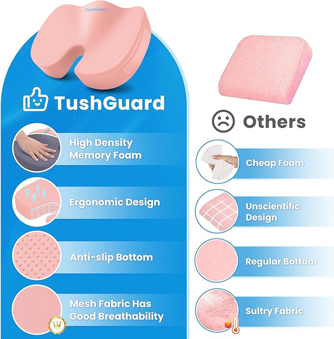 TushGuard Seat Cushion for Office Chair Memory Foam Non-Slip Cushion Back, Relief Chair Pad, Butt Pillow for Office, Car, Computer Desk, Pink, X-Large