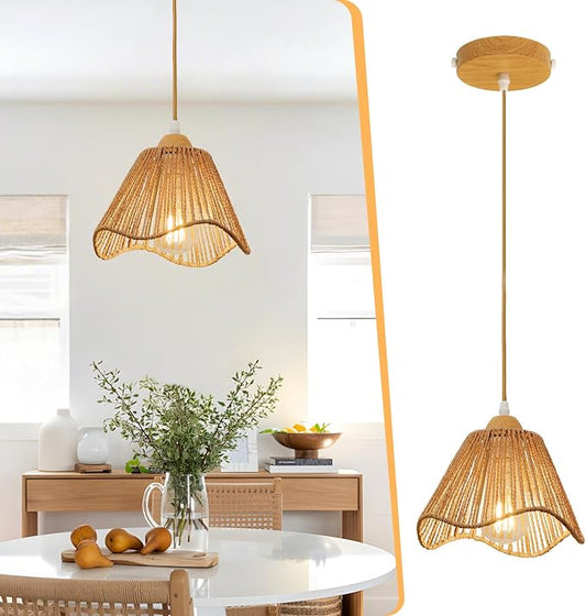 Boho Rattan Pendant Light for Kitchen Island Wave Hanging Lamp | Handwoven Rattan Shade Adjustable Height 10-57 Inch E26 Base Farmhouse Chandeliers for Kitchen Islands And Dining Rooms