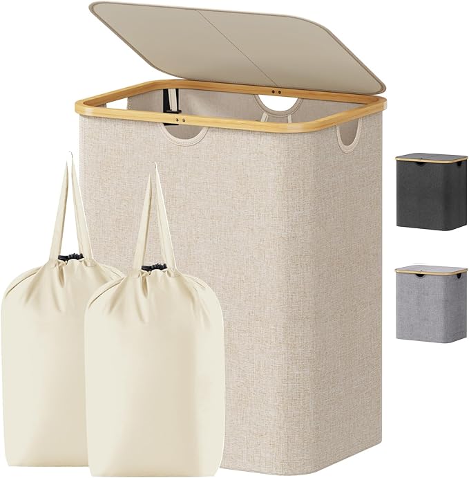 Lifewit 120L Laundry Basket with Lid, Clothes Hampers for Laundry with Bamboo Handles and 2 Removable Bag, Large Foldable Laundry Hamper for Bedroom, Bathroom, Dorm, Laundry Room, Beige
