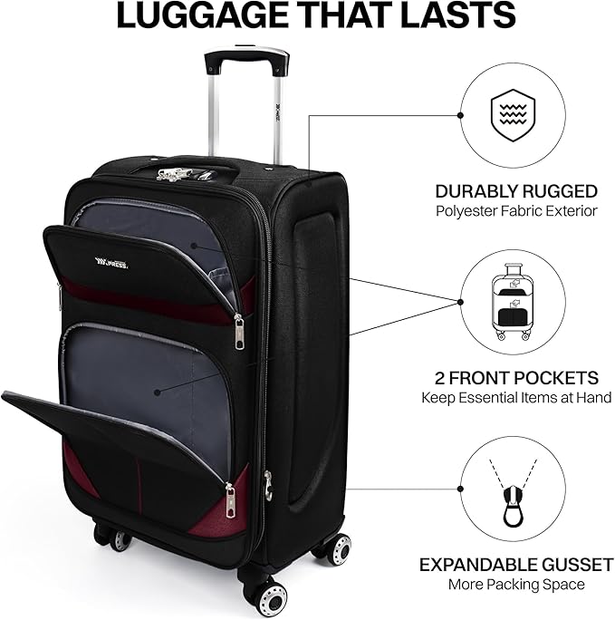 20" Luggage, Softside Suitcase with LOCK,Expandable Luggage w/Double Spinner Wheels, Lightweight Rolling Suitcases for Travel Carry On Luggage（Black-Burgundy,20in）