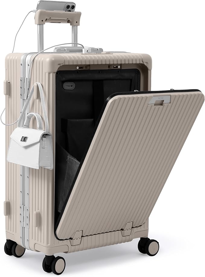 Nobl Travel Zipperless Check In Suitcase - Aluminum Frame, Medium Check In luggage 27x17.5x10.4 Airline Approved by Noble Travel - Polycarbonate Shell - TSA Locks, 360° Spinner Wheels - Sand