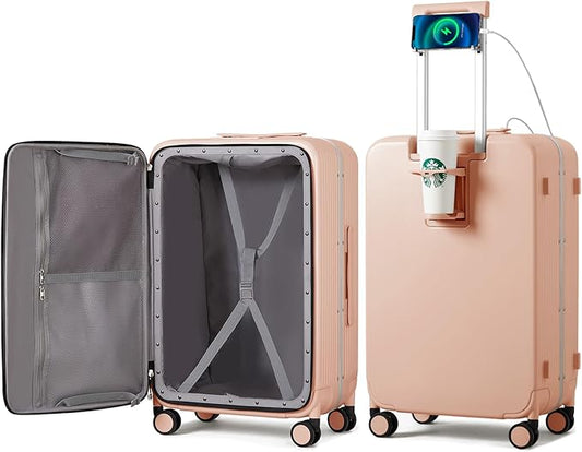 mixi Large Checked Luggage with Cup Phone Holder and Charger Hard Shell Suitcases with Spinner Wheels, 26 Inch Light Pink