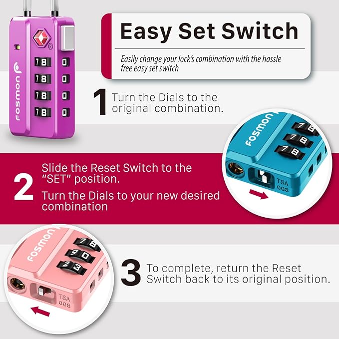 Fosmon Luggage Locks TSA Approved for Luggage & Suitcase, 4 Digit Mini Cable Locks Long Wire Padlock with 4 Combinations and Easy Reset Switch for Travel, Gym Locker, Gun Case, Backpack Zipper- 4 Pack