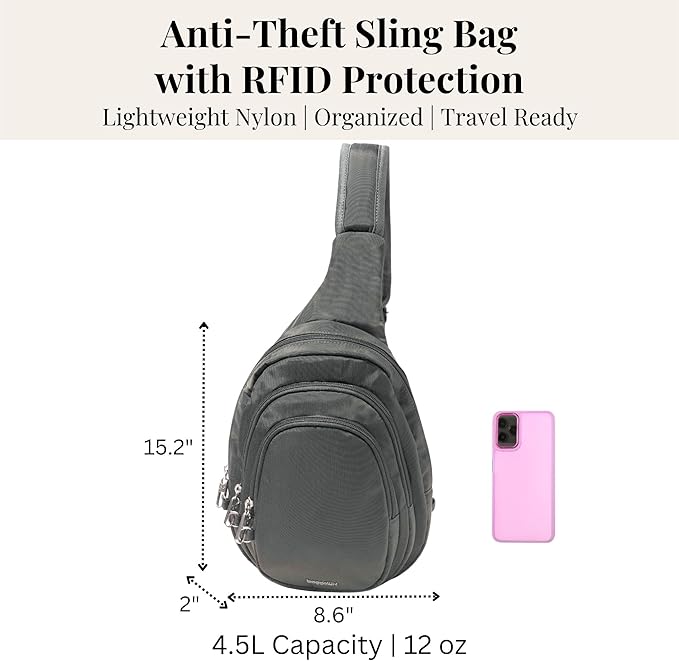 Baggallini Securtex® Anti-Theft Multi Zip Sling - Lightweight 8.6"x15.2" Travel Bag with Locking Zippers & RFID Protection