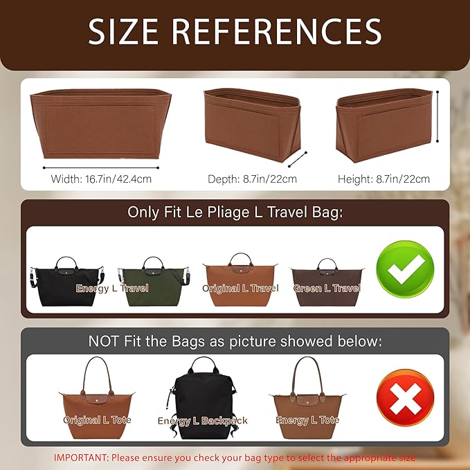 Premium Felt Purse Organizer Insert for Longchamp Le Pliage, Zipper Long Champ Bag Organizer Insert with Cup Holder, 9 Compartments