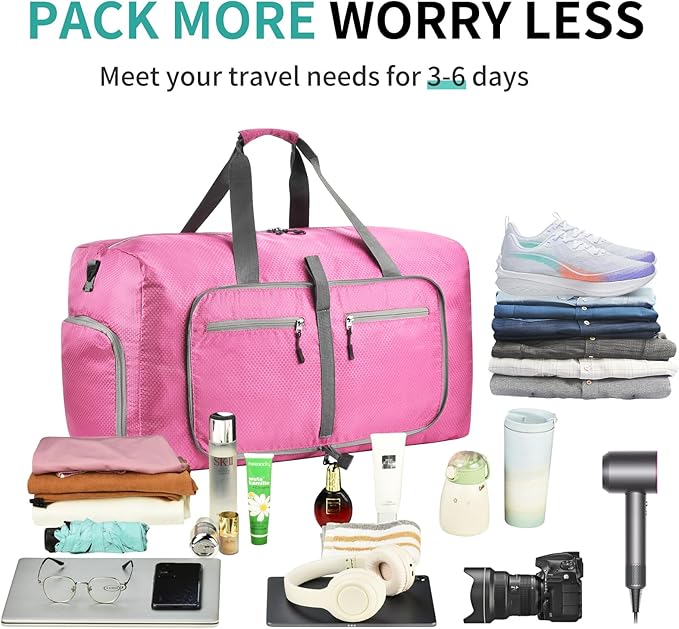 Dimayar Travel Duffle Bag for Men Women - Foldable Duffel Bag with Shoes Compartment - Overnight Bags Waterproof & Tear Resistant(115L,Pink)