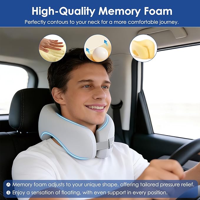 jiaao Memory Foam Neck Pillow for Travel & Airplanes, Adjustable Travel Pillow for Long Flights & Road Trips, Includes Eye Mask, Earplugs & Bag(Gray)