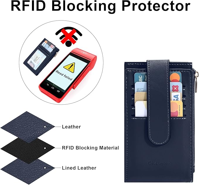 Chelmon Womens Wallet Slim RFID Blocking Bifold Multi Card Case Wallet with Zipper Pocket (Navy Blue)