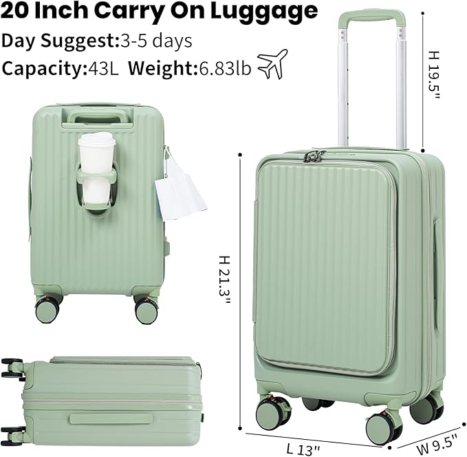 20 Inch Top Opening Carry On Luggage 22x14x9 Airline Approved Expandable With Spinner Wheels & Cup Holder,PC Hard Shell Lightweight Small Shitcase With Tsa Approved For Travel Women Men,Green