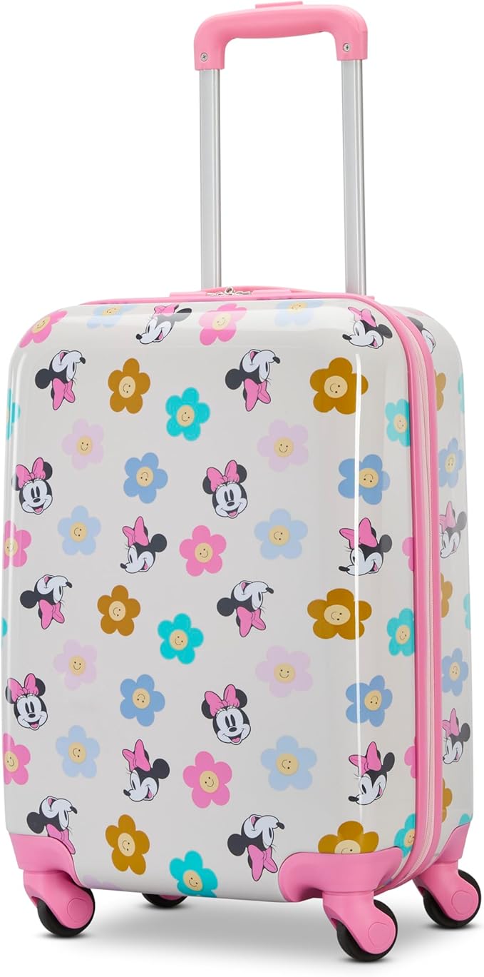 American Tourister Minnie Mouse Carry-On Luggage - Airline Approved, Durable Hardshell with Vibrant Minnie Mouse Design - Roll Confidentially with Spinner Wheels & Colorful Adjustable Handle
