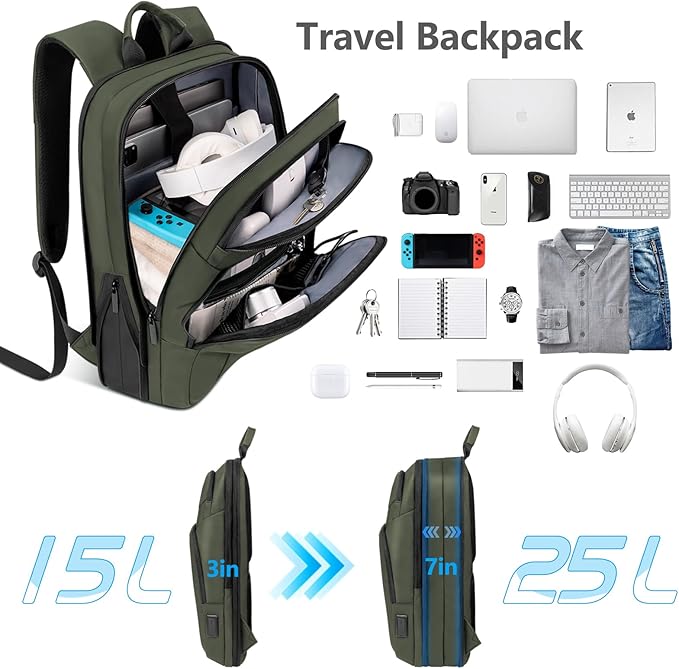 Backpack for Men Slim & Expandable Travel Laptop Backpack with USB Charging Port Water Resistant Anti-Theft Business Backpack Fits 17.3In Laptop for Commute Work College with Small Bag(Olive Green)