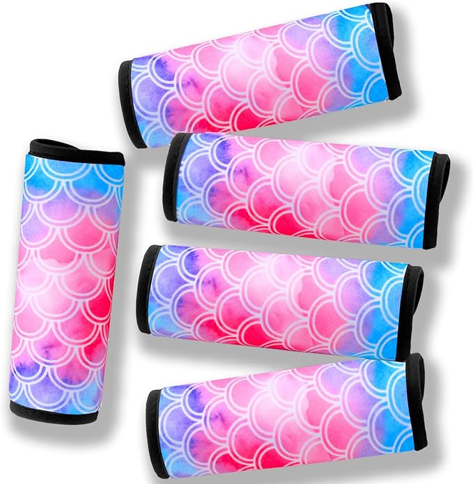Luggage Handle Wrap for Suitcase-Printed Bright Neoprene Luggage Tags/Grips/Identifiers/Markers/Covers/Gripper for Suitcases Carry On Bags 5 Packs (Mermaid-5 Packs)