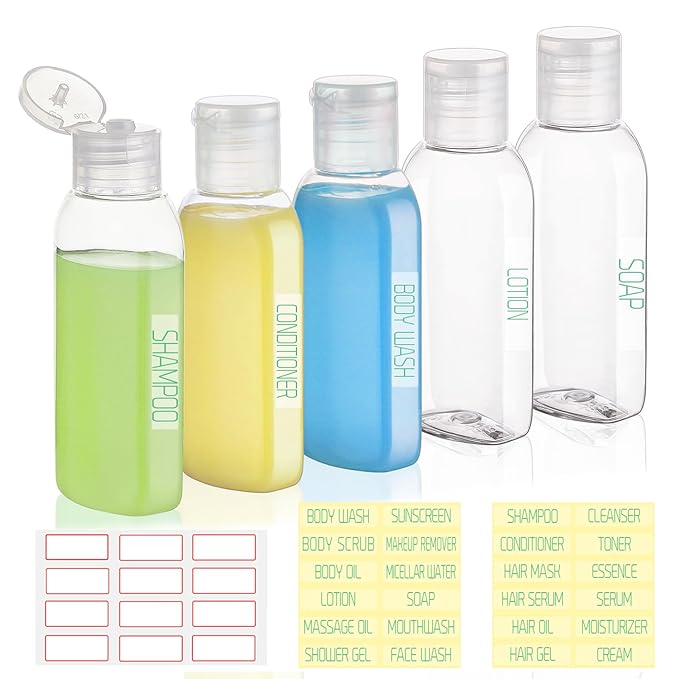 Travel Bottles for Toiletries 5 Pack 2oz TSA Approved Squeezable Travel Size Containers Leak-proof Shampoo and Conditioner Bottles Refillable Plastic Squeeze Bottle(Clear)