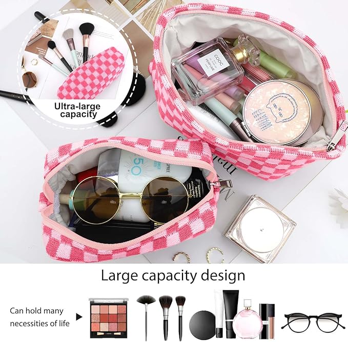 EIMMBD Makeup Bag 3 Pieces Large Capacity Checkered Cosmetic Bags Canvas Travel Toiletry Bag Organizer Cute Makeup Pouch Storage for Women(Rose)