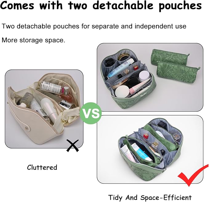 BOYATU Travel Makeup Bags Cosmetic Organizer Bag: 3-Set Large Capacity Make up Bag - PU Leather Toiletry Bags for Women - Wide Open Portable Pouch with Divider & Handle (03-Green-2)
