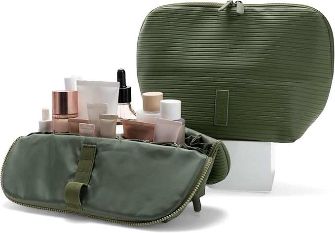 THE VERTI-Vertical Waterproof Makeup & Toiletry Bag | 23-Pocket Organizer with Upright, Fold-Down Design for Skincare, Toiletries & Essentials (Olive, Medium)