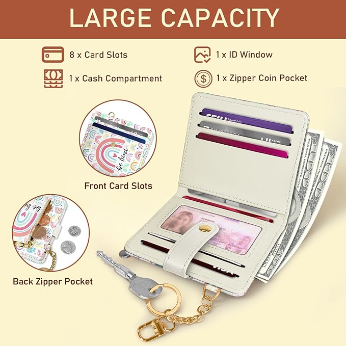 Jogjam Rainbow Be Kind Rfid Women Wallet, Small Slim Thin Credit Card Wallet, PU Leather Bifold Cash Zipper Coin Pocket ID Window for Female Ladies Teen Girls Girly
