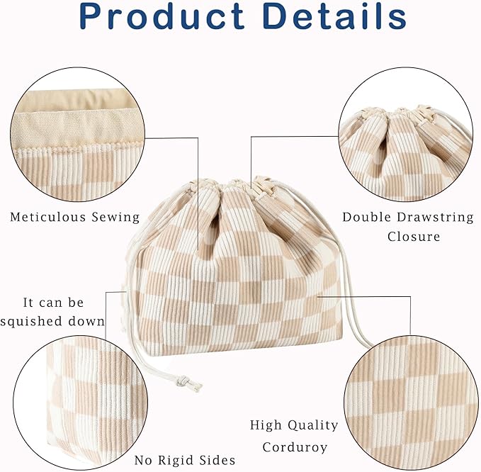 Cotton Quilted Drawstring Makeup Bag with Canvas Lining,Coquette Aesthetic Cute Travel Toiletry Bag,Drawstring Gift Bag for Women and Girls（19 Beige Checker）