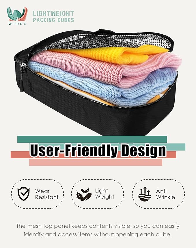 4-Piece Packing Cubes Travel Accessories Set for Suitcases - Luggage Organizer Bags with Double Zipper - Mesh Top - Medium - Black
