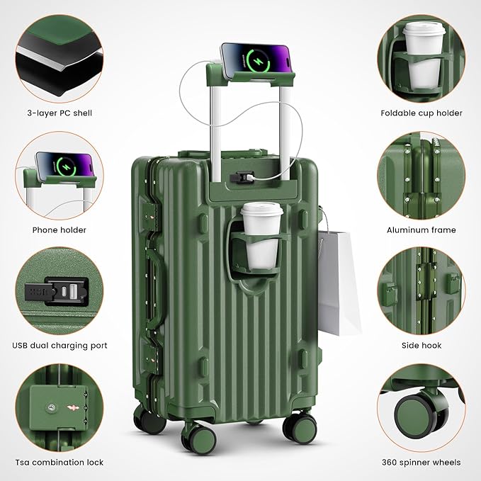 Carry on Luggage, 20 Inch Aluminum Frame PC Hardshell Suitcase with Cup Holder & Charger Port, Airline Approved Weekend Business Travel Case with Spinner Wheels, Tsa Lock