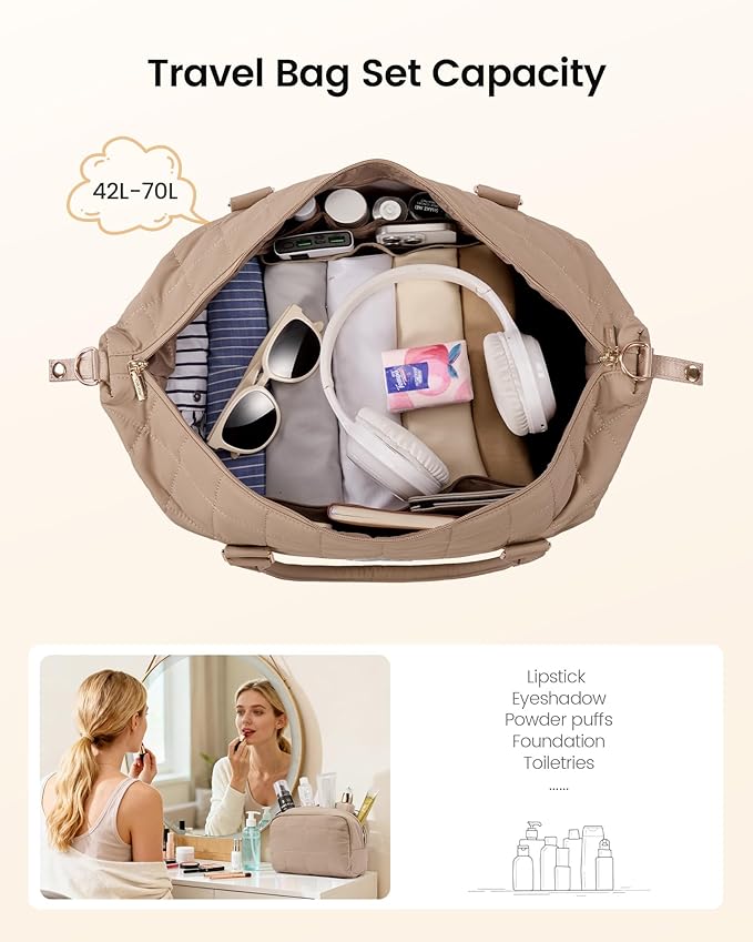 LOVEVOOK Travel Duffel Bag - Versatile Weekender Bag for Women, Puffer Carry On & Overnight Bag for Short Trips, Black/White/Brown
