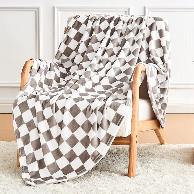 Light Grey Checkered Blanket, Ultra Soft Fluffy Fleece - Checkered Grid Print Throws for Couch Sofa Bed, Cozy Luxury Throw Blanket for All Seasons, 50x60 Inch, Cashmere Smoke