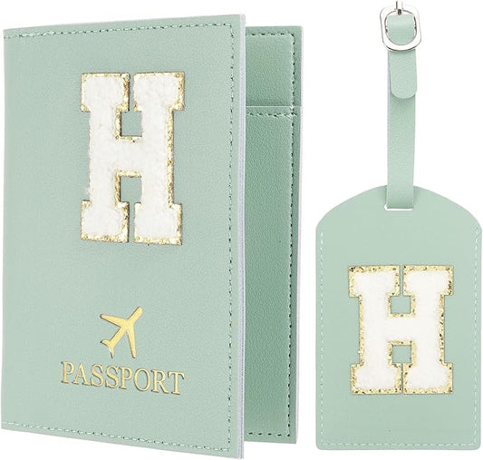 PATIKIL Passport Holder for Travel, Initial Passport Cover and Luggage Tag Set with Alphabet Chenille Letter Patch Travel Wallet Bag Suitcase Identifier for Women Family Travel Green H