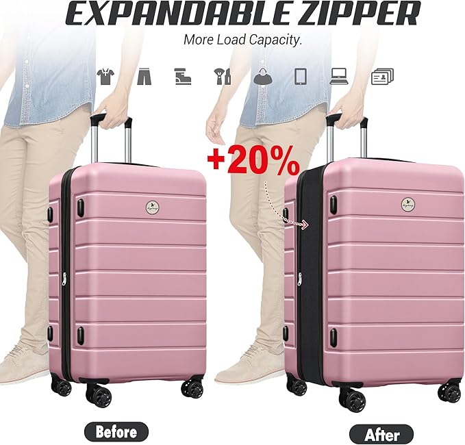Classic Luggage Sets 5 Piece, Carry-On Luggage with Spinner Wheels, Lightweight Hardside Suitcase Set with TSA Lock,Travel Backpack & Makeup Bag, 20/24/28 inch, Pink