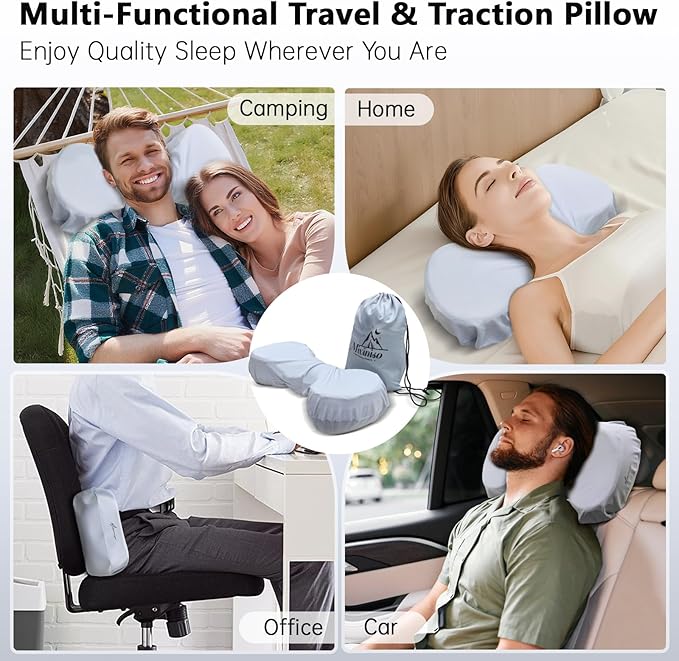 Cervical Neck Pillows for Tension Muscle Relief, Neck Roll Pillow for Side Sleepers, Camping & Travel Neck Support Memory Foam Pillow, Cervical Traction Device with Storage Bag
