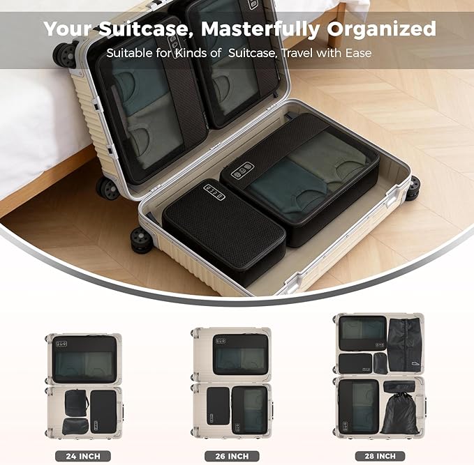 8-Piece Compression Packing Cubes for Travel, Ultralight Sleek Luggage Organizer Set for Business Trips & Frequent Travelers, Space Saving for Carry-On & Suitcase - Black