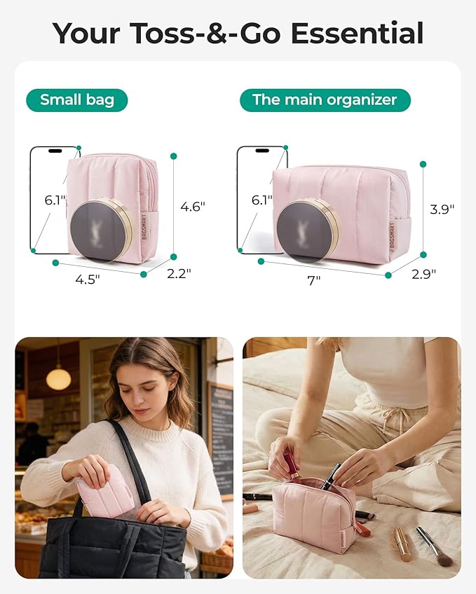 BAGSMART Makeup Bag Duo Set, Puffy Padded Travel Cosmetic Organizer with Slip-in Pockets, Large Toiletry Bag & Small Purse Pouch, Travel Essentials for Women, Black