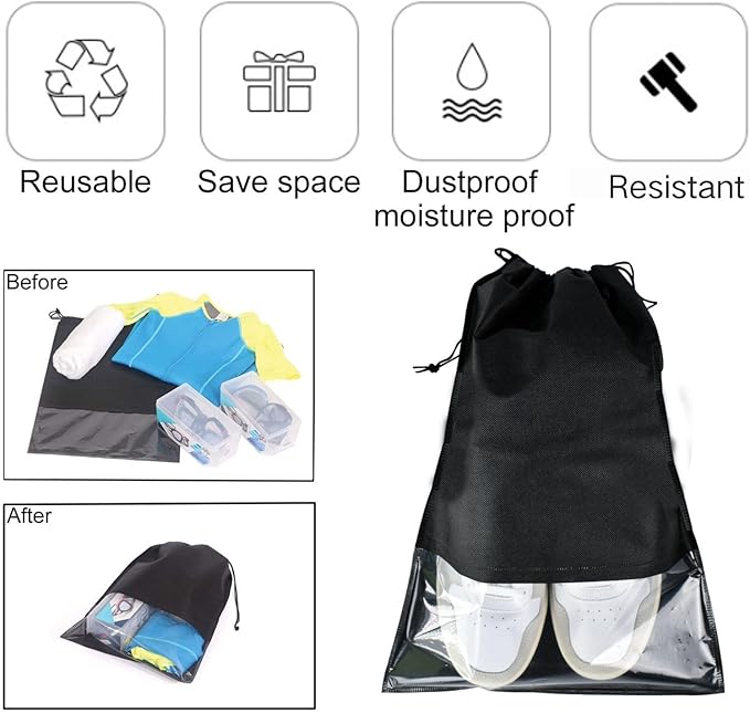 6 Pcs Travel Shoe Bags, ULIFEMALL Large Non-Woven Drawstring Shoes Storage Bag with Transparent Slot Clear Window Portable Waterproof Dustproof Shoes Pouch Packing Organizer for Men Women, Black