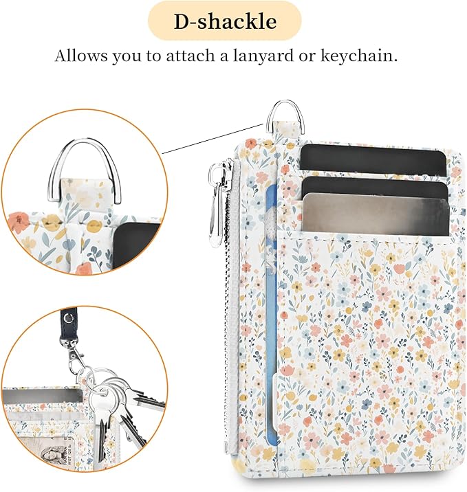 Hancynir Slim Wallet Women Credit Card Holder White Florals RFID Small Mini Card Case Front Pocket PU Leather Thin Travel Zipper Coin Cash ID Window Girls Wallet Gifts